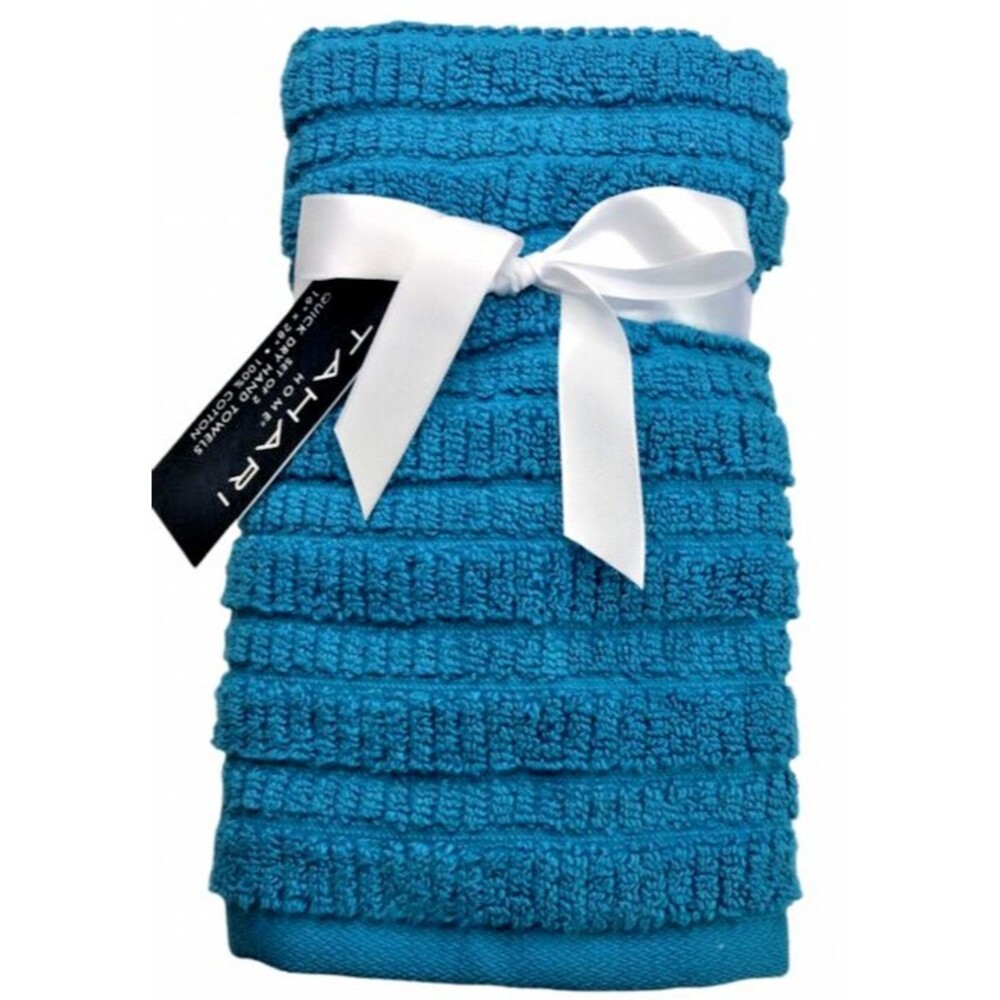 Tahari Hand Towels Turquoise Blue Textured 16x28" Cotton Beach House Set of 2